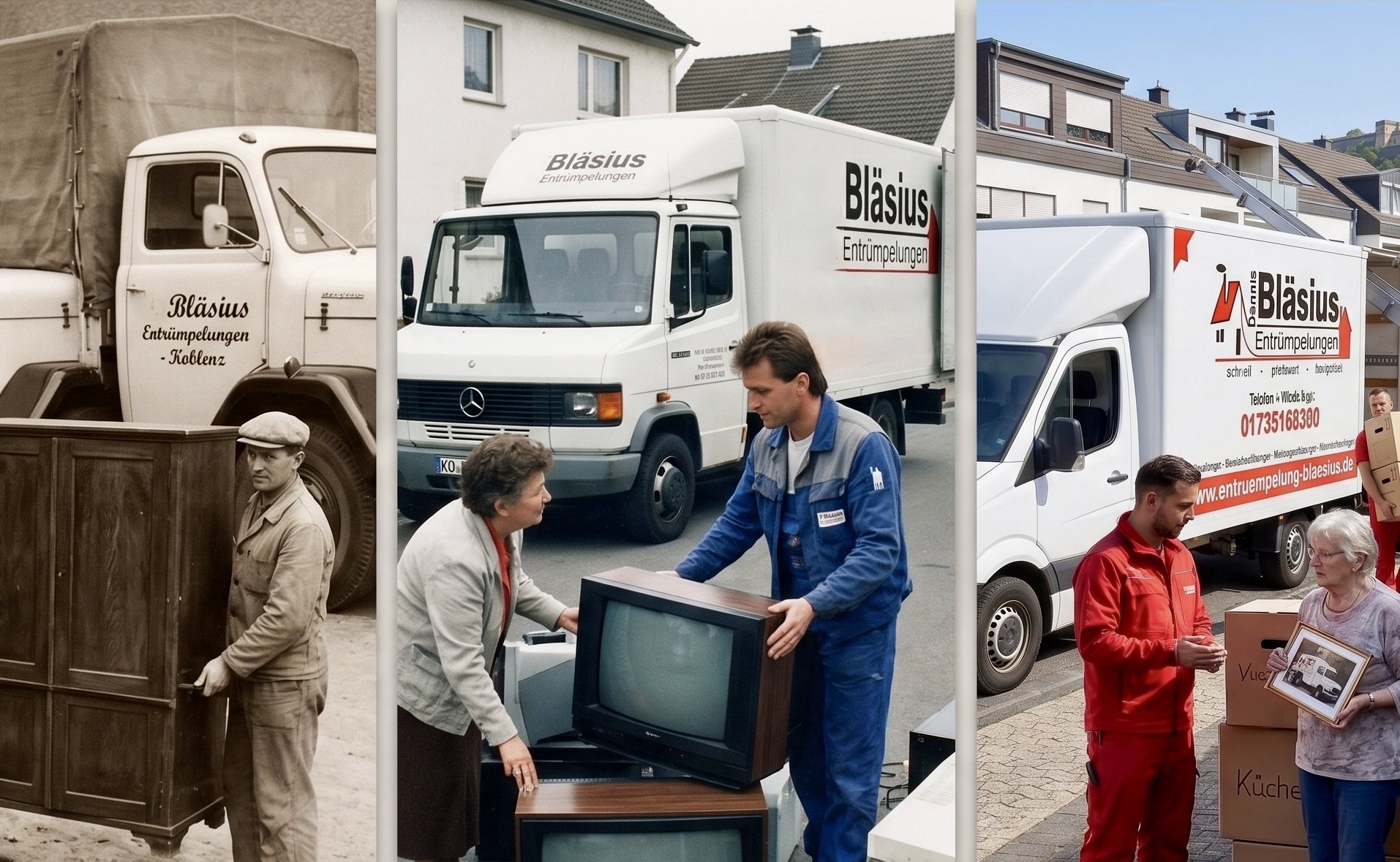 Bildmontage zur Firmenhistorie von Dennis Bläsius Entrümpelungen mit drei Generationen und Fahrzeugen von früher bis heute