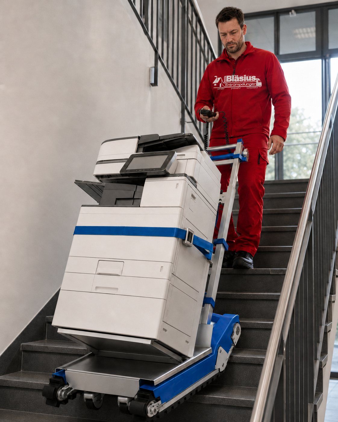 KI-gestützte Illustration eines schweren Multifunktionsgeräts auf einem elektrischen Treppensteiger in einem geraden Treppenhaus