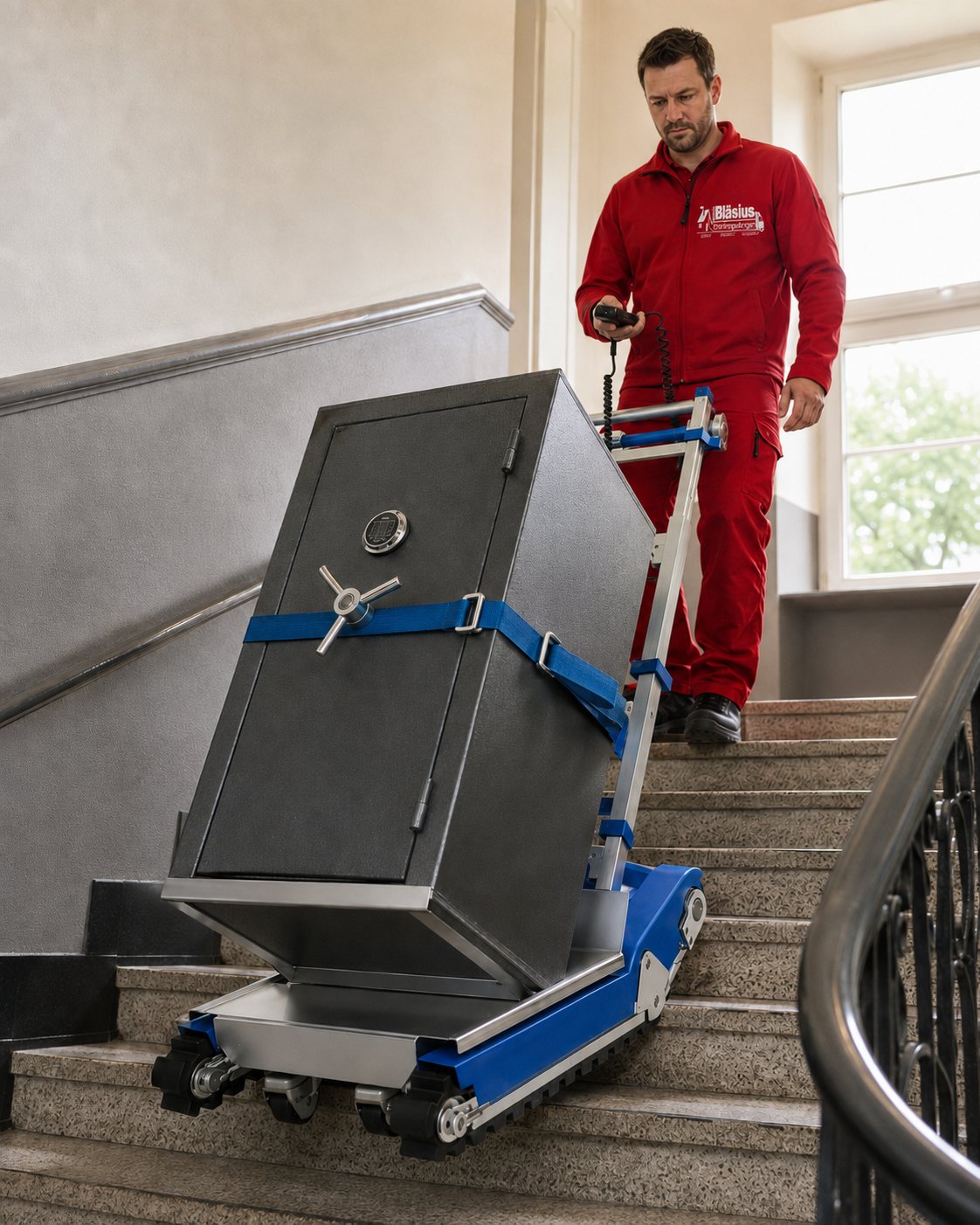 KI-gestützte Illustration eines gesicherten Tresors auf einem elektrischen Treppensteiger an einer geraden Treppe